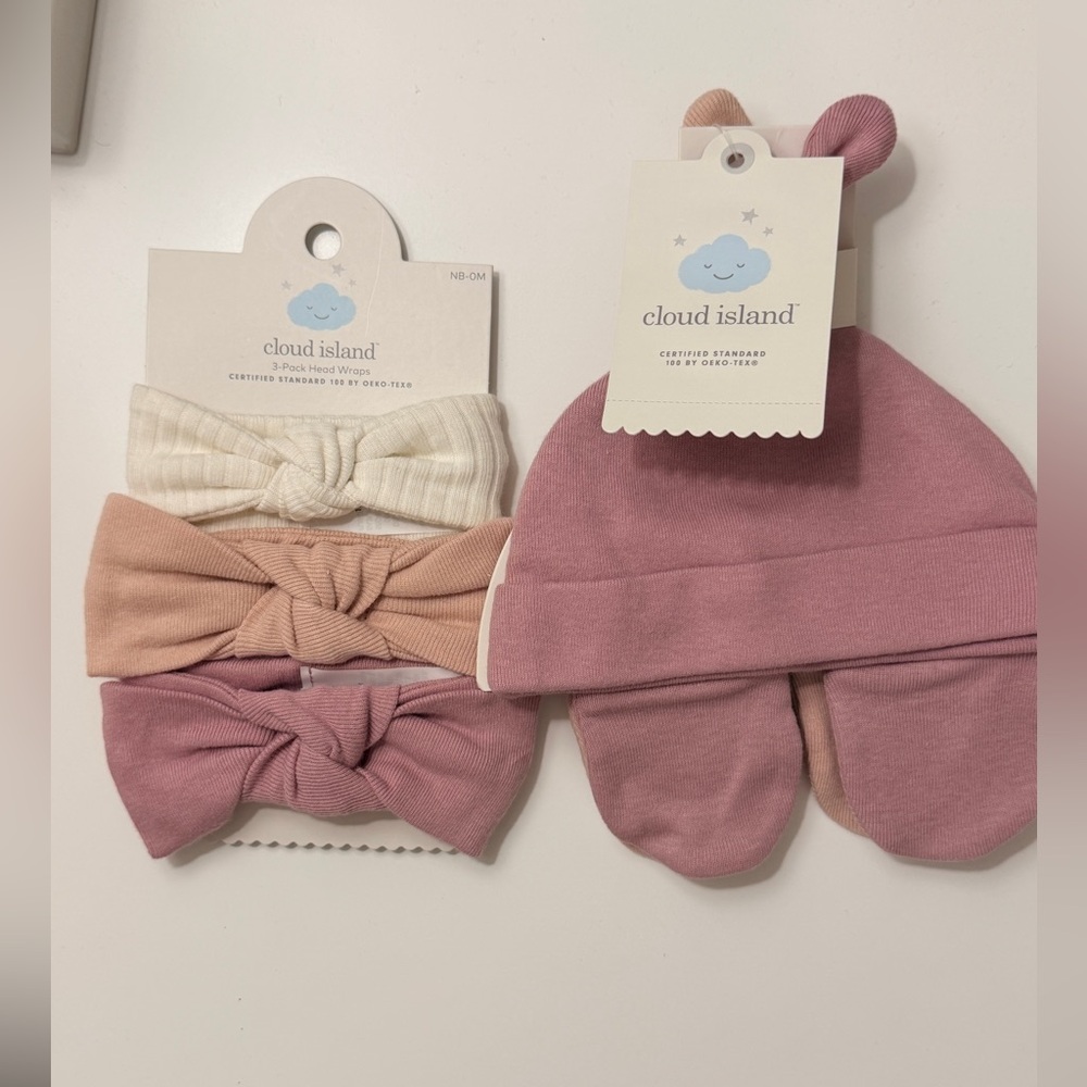 Cloud Island Pink and Cream Headbands and Hats with Mittens